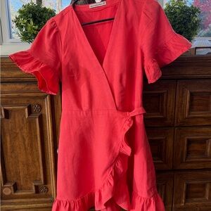 Abercrombie & Fitch Coral-Red Ruffle Wrap Mini Dress